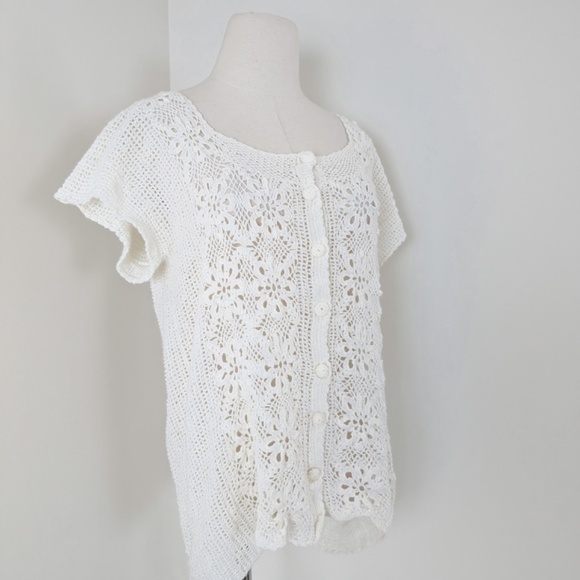 Crochet Button Down Cardigan Short Sleeve See-through Floral - Picture 3 of 10